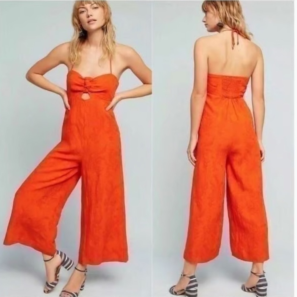 Anthropologie Elevenses Tropicale Orange Red Halter Jumpsuit Womens 0